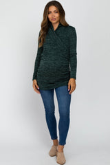 Green Soft Heathered Draped Wrap Maternity/Nursing Top