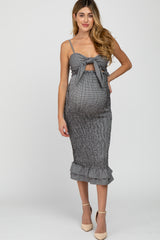 Black Gingham Print Smocked Fitted Self-Tie Maternity Midi Dress