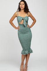 Green Gingham Print Smocked Fitted Self-Tie Midi Dress
