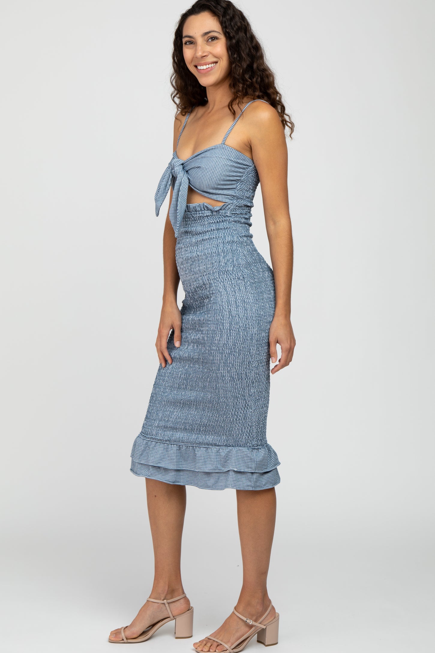 Blue Gingham Print Smocked Fitted Self-Tie Midi Dress