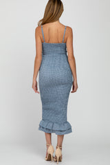 Blue Gingham Print Smocked Fitted Self-Tie Maternity Midi Dress