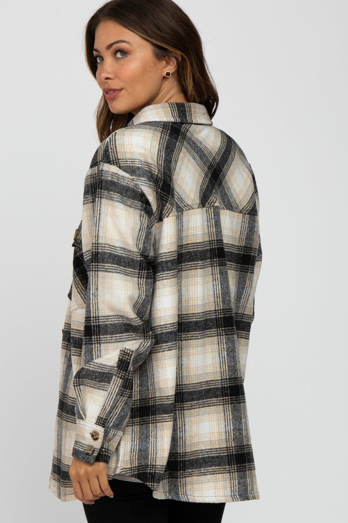 Black Soft Plaid Flannel Maternity Shacket