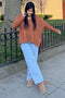 Camel V-Neck Side Slit Cable Knit Sweater