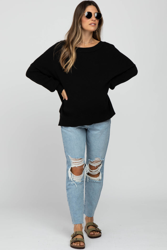 Black Exposed Seam Side Slit Maternity Sweater
