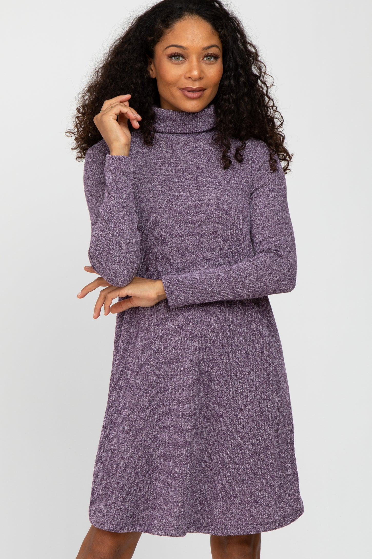 Purple Ribbed Turtleneck Maternity Dress