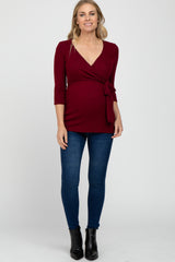 Burgundy Brushed Knit Maternity Wrap Top