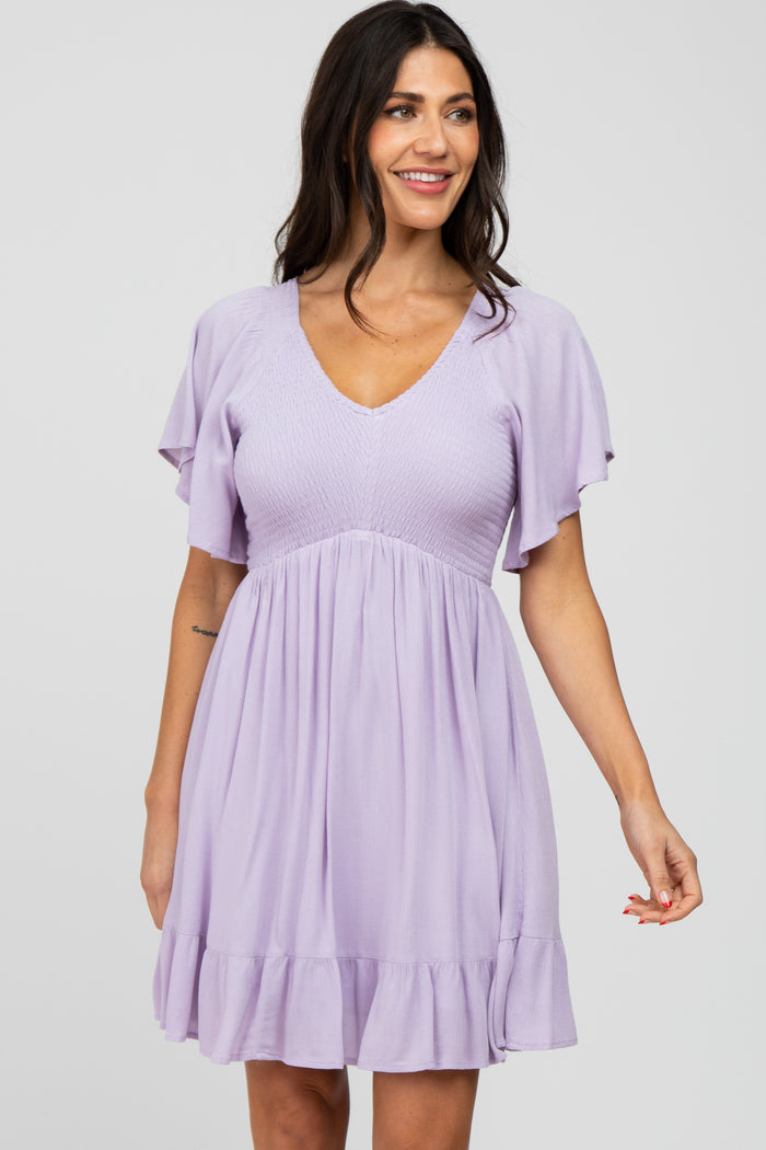Lavender Smocked Front Ruffle Hem Maternity Dress