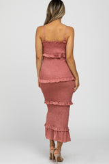Mauve Satin Smocked Fitted Midi Dress