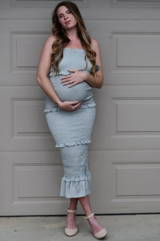 Sage Satin Smocked Fitted Maternity Midi Dress