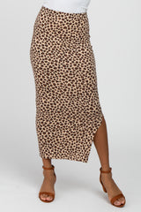 Brown Animal Print Fitted Midi Skirt