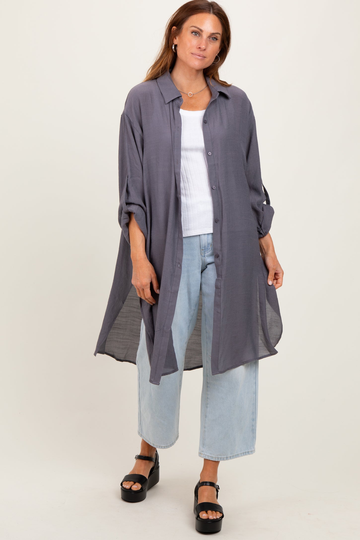 Charcoal Button Front Side Slit Oversized Blouse