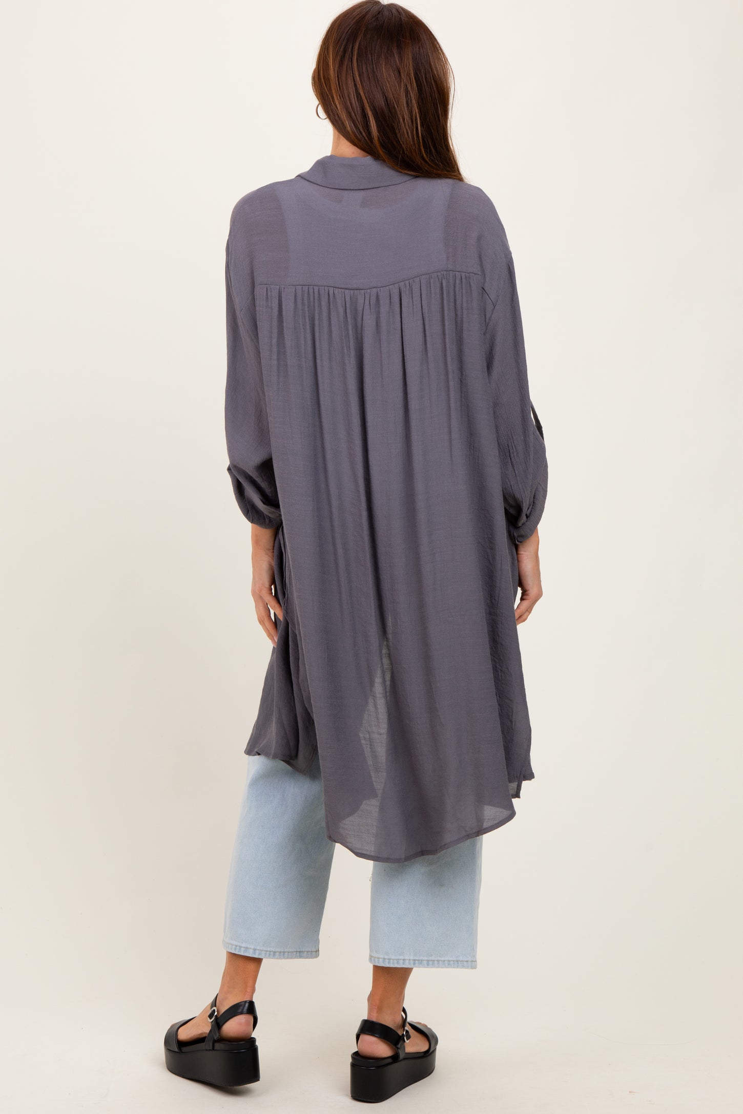 Charcoal Button Front Side Slit Oversized Blouse