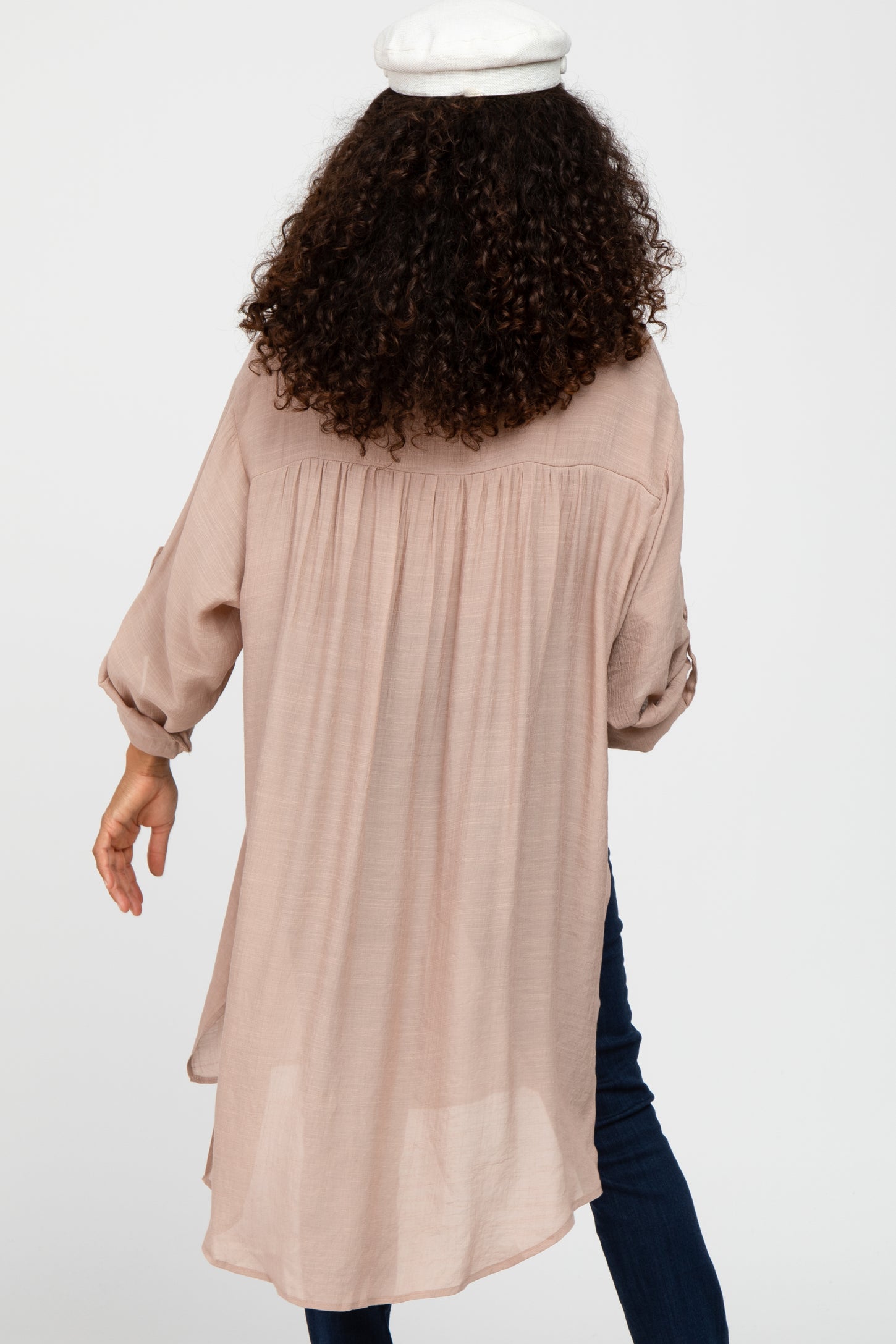 Taupe Button Front Side Slit Oversized Blouse