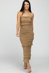 Mustard Leaf Print Smocked Fitted Midi Dress
