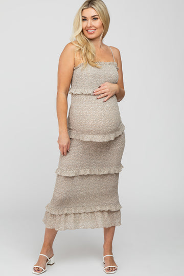 Taupe Leaf Print Smocked Fitted Maternity Midi Dress