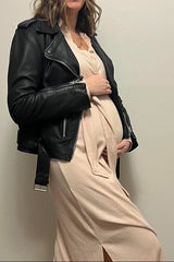 Beige Button Accent Collared Maternity Maxi Dress