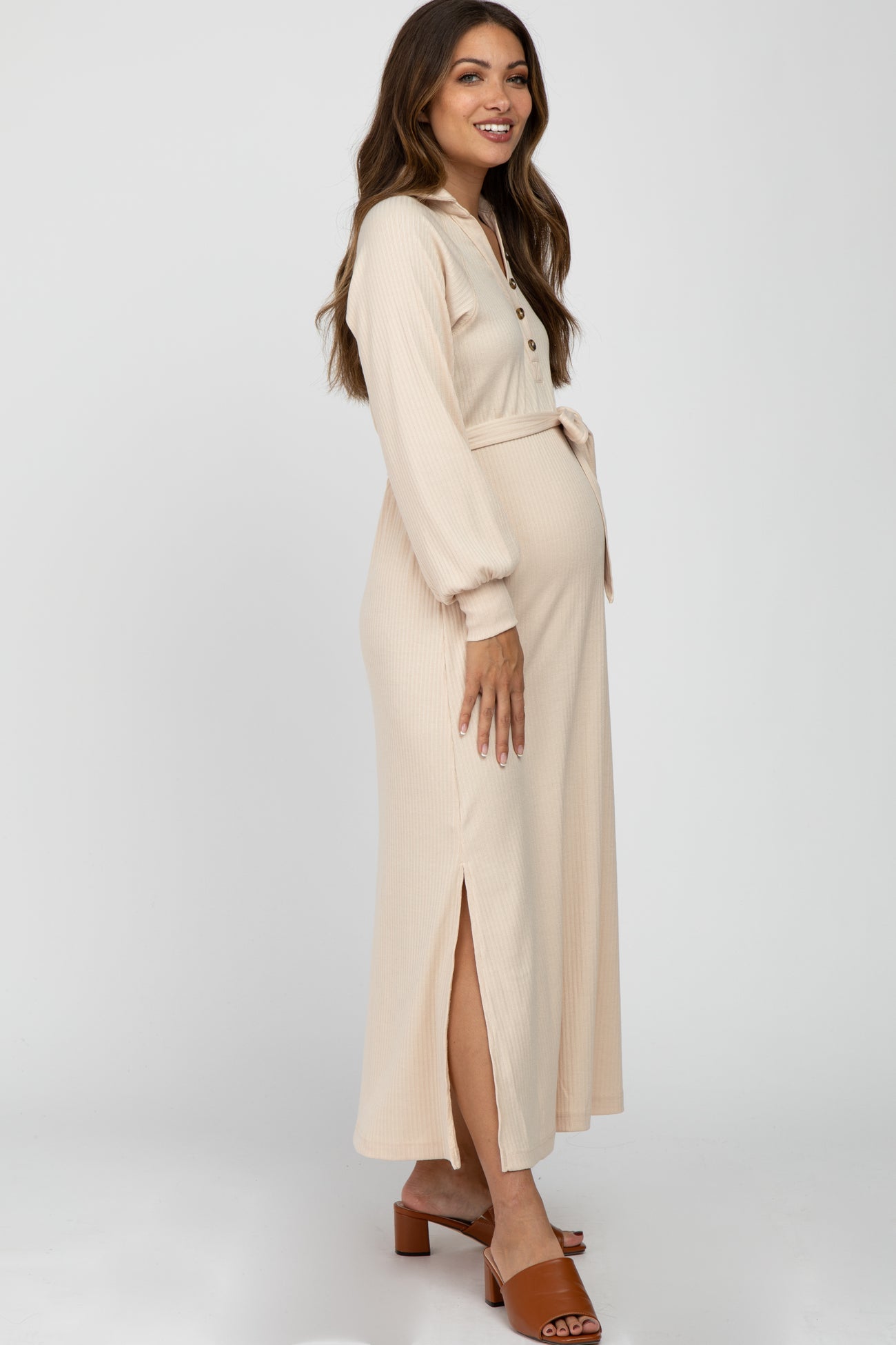 Beige Button Accent Collared Maternity Maxi Dress