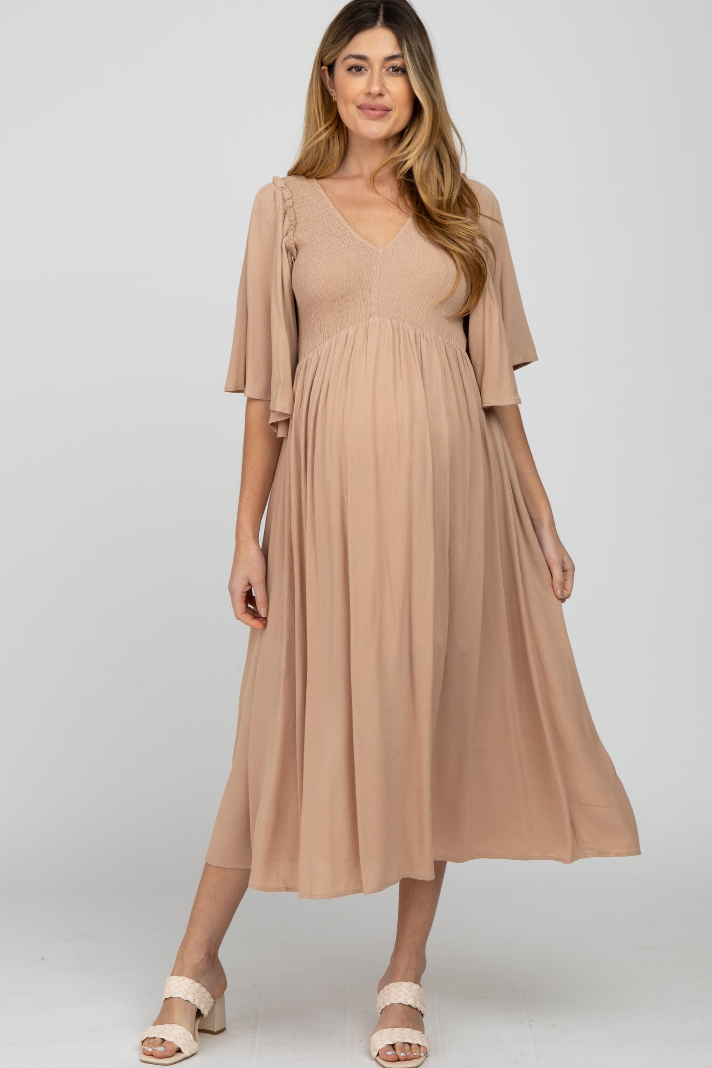Taupe Smocked Front Ruffle Sleeve Maternity Midi Dress