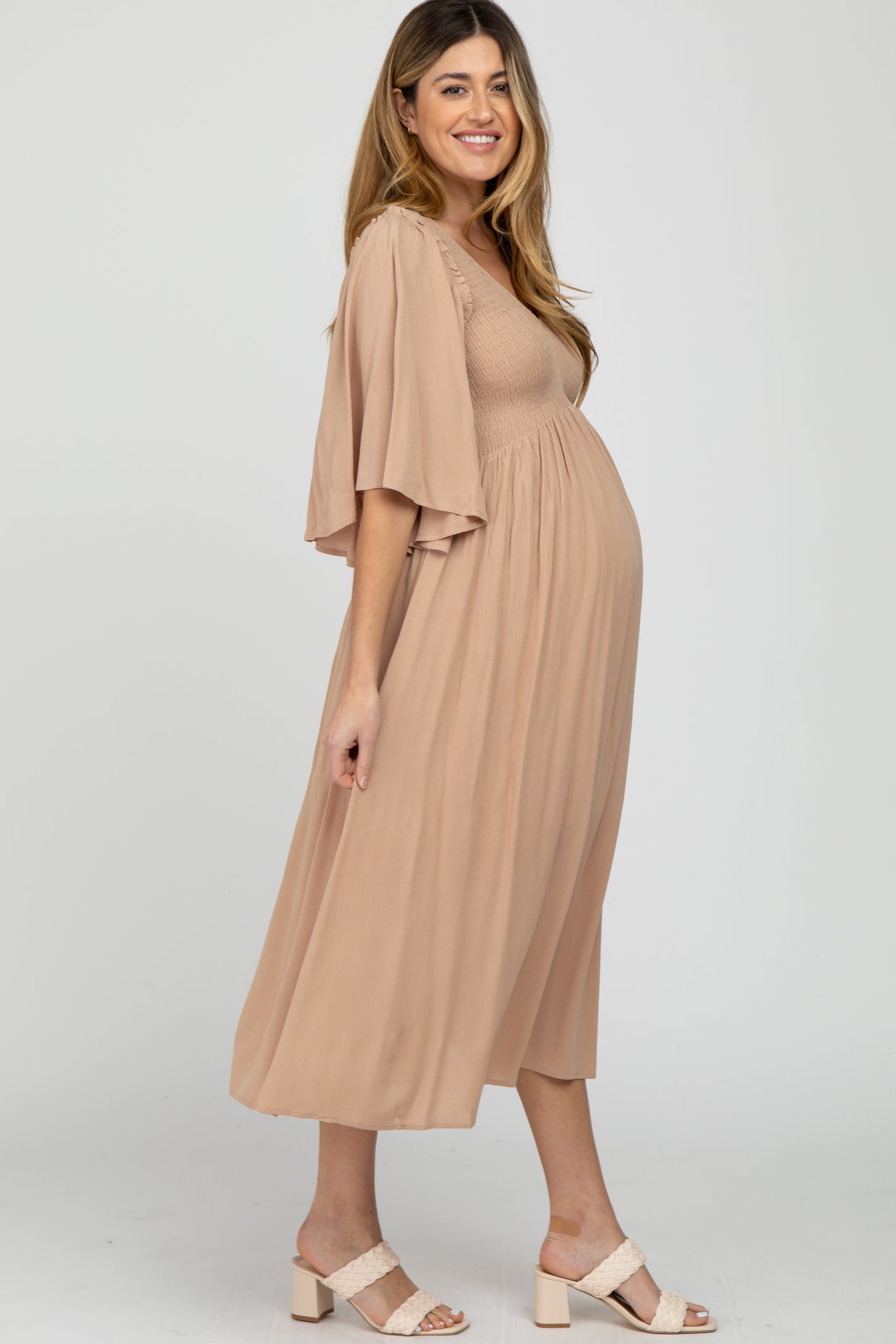 Taupe Smocked Front Ruffle Sleeve Maternity Midi Dress