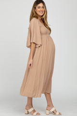 Taupe Smocked Front Ruffle Sleeve Maternity Midi Dress