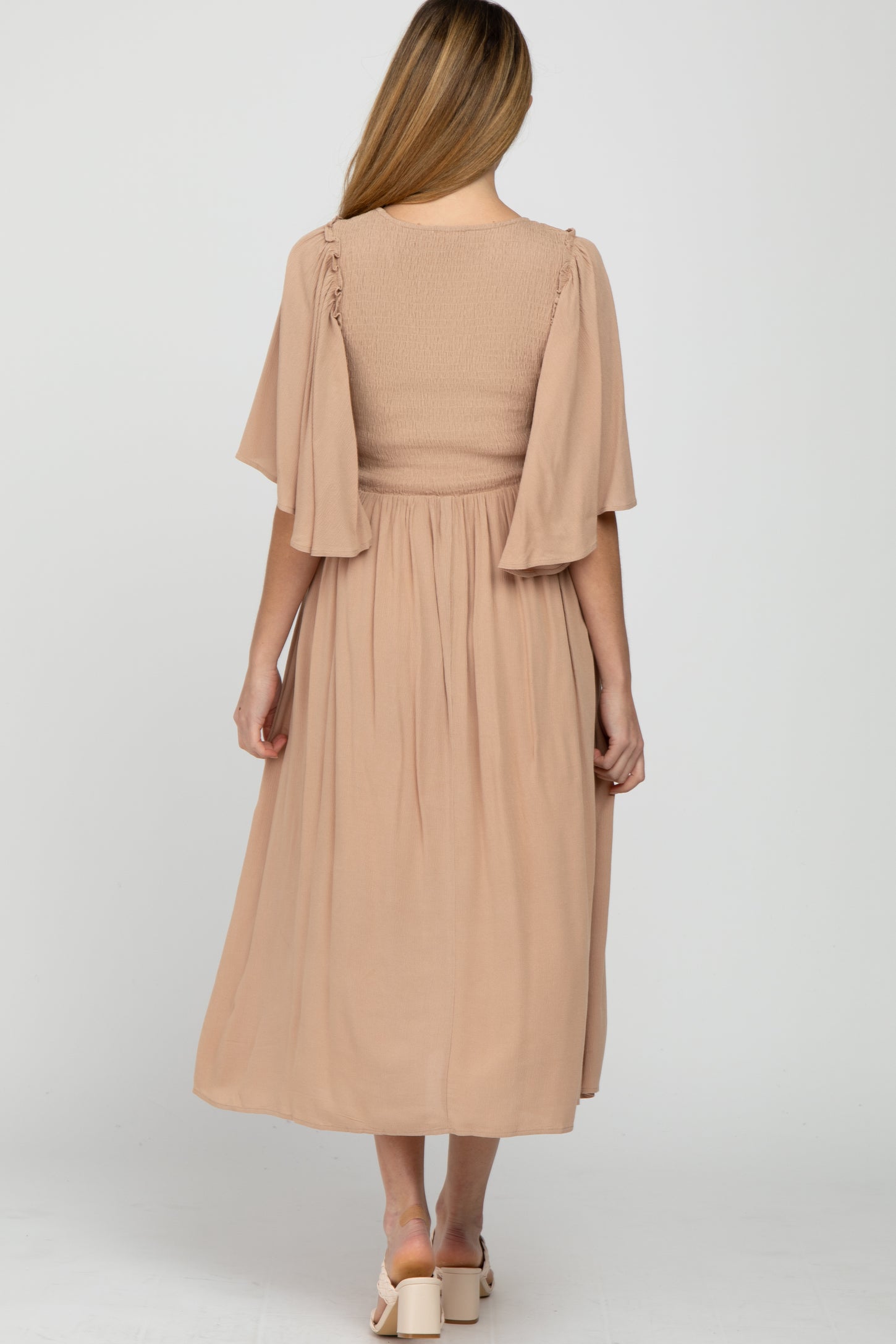 Taupe Smocked Front Ruffle Sleeve Maternity Midi Dress