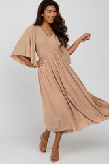 Taupe Smocked Front Ruffle Sleeve Maternity Midi Dress