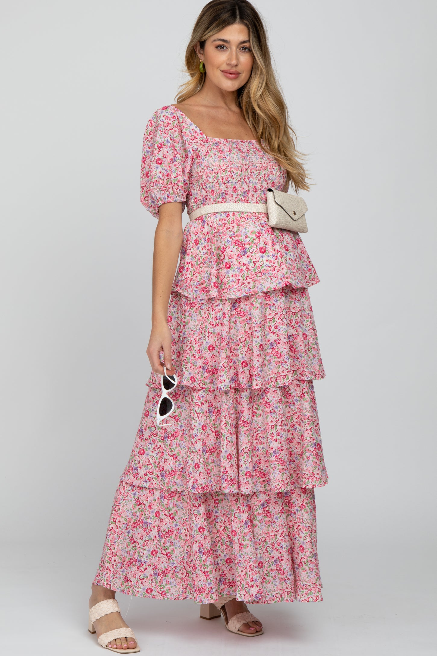 Pink Floral Square Neck Ruffle Layered Maternity Maxi Dress