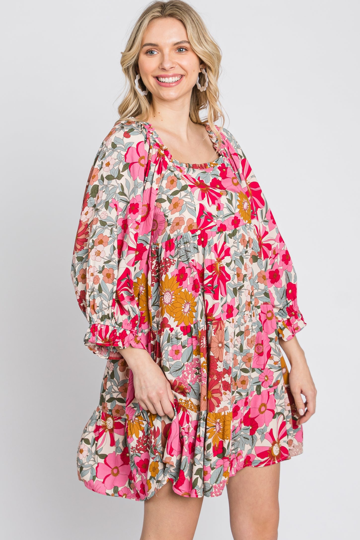 Pink Floral 3/4 Sleeve Tiered Dress