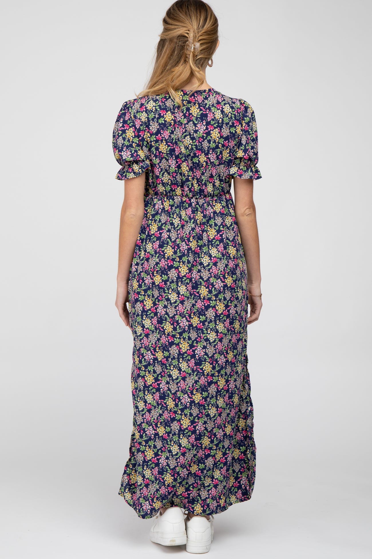 Navy Blue Floral Side Slit Maternity Maxi Dress