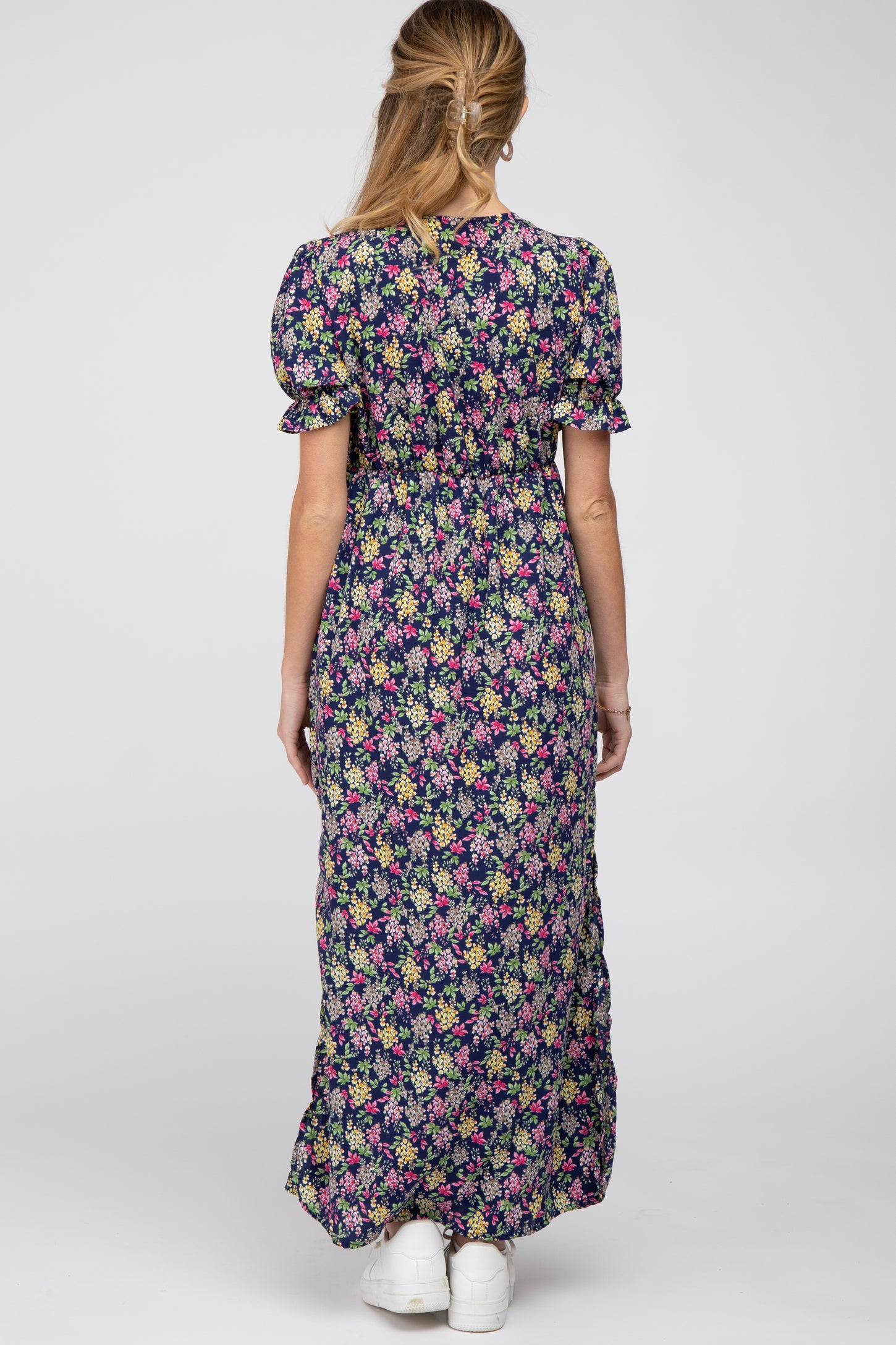 Navy Blue Floral Side Slit Maternity Maxi Dress