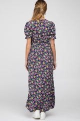 Navy Blue Floral Side Slit Maternity Maxi Dress