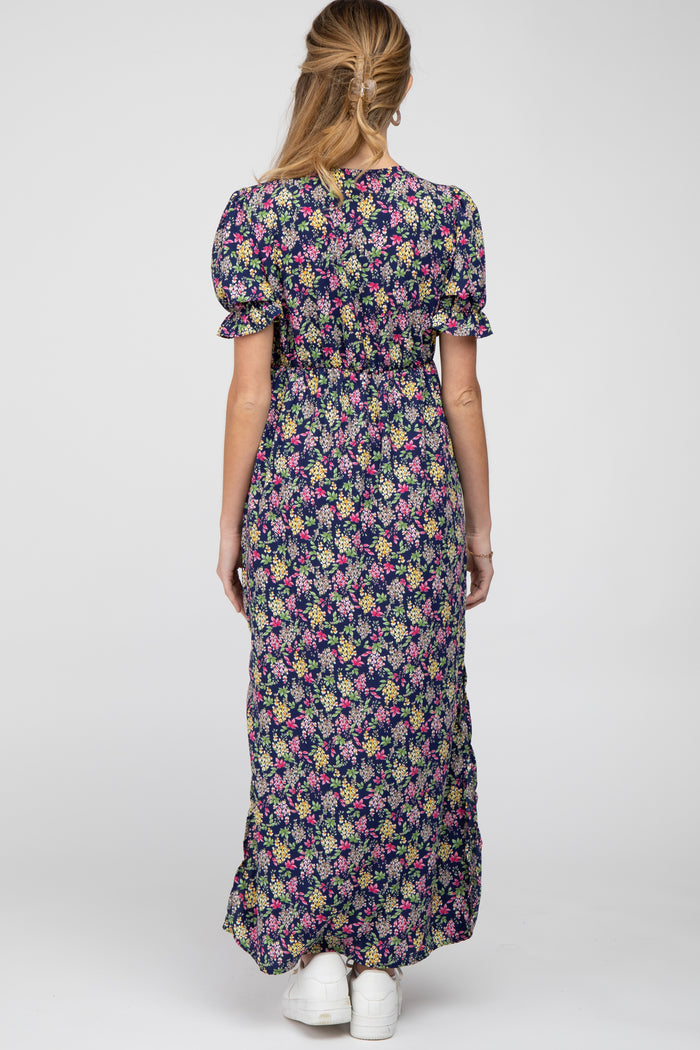 Navy Blue Floral Side Slit Maternity Maxi Dress