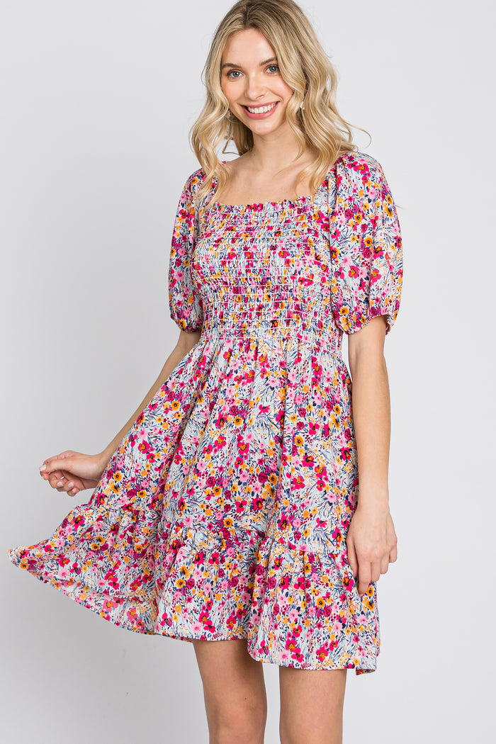Fuchsia Floral Smocked Maternity Mini Dress