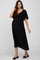 woman wearing a black maternity dress with a tie detail and flutter sleeves, highlighting her baby bump