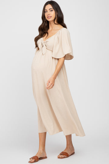 Beige Textured Dot Front Tie Ruffle Sleeve Maternity Midi Dress