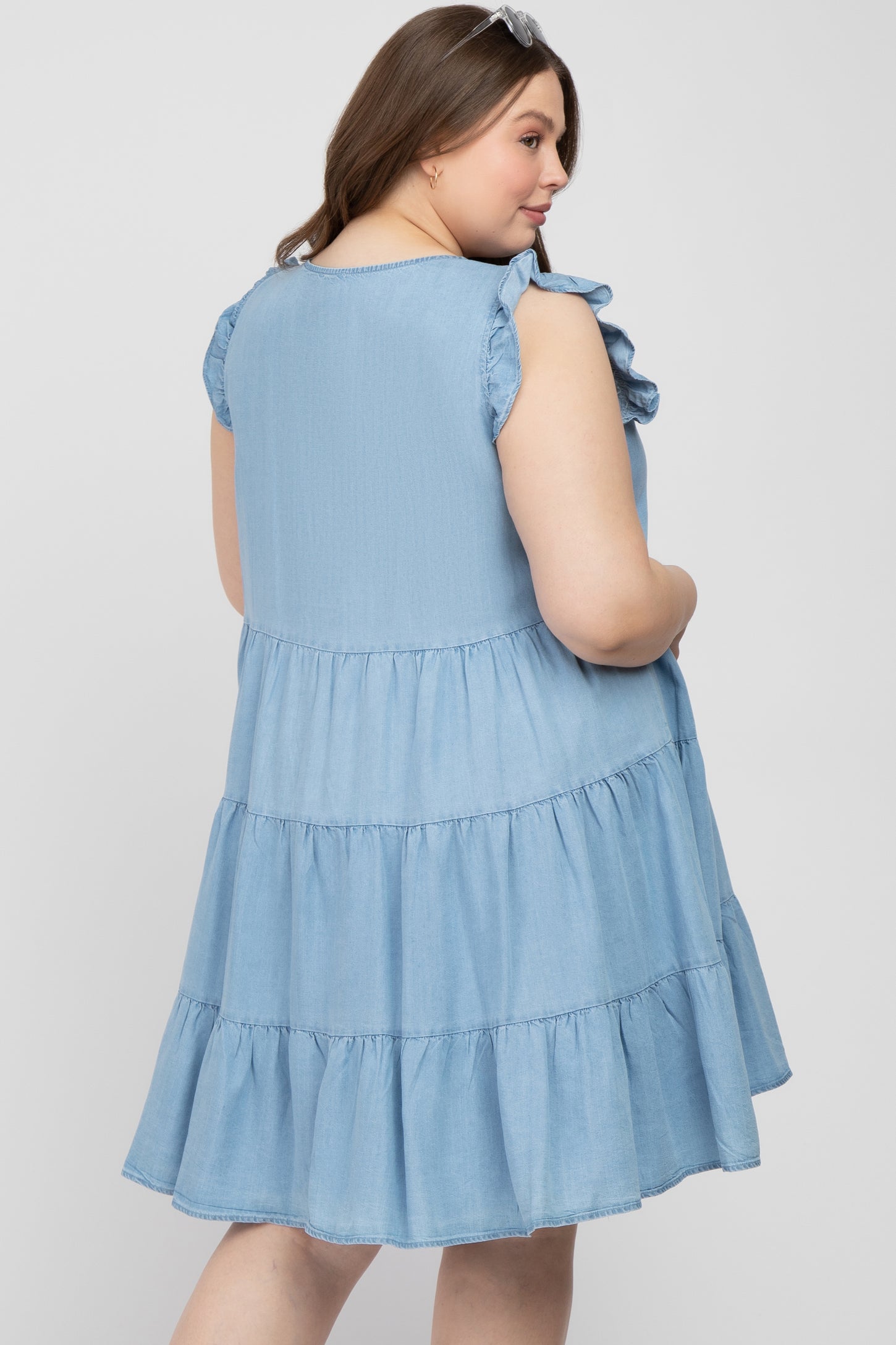 Light Blue Chambray Tiered Button Accent Maternity Plus Dress