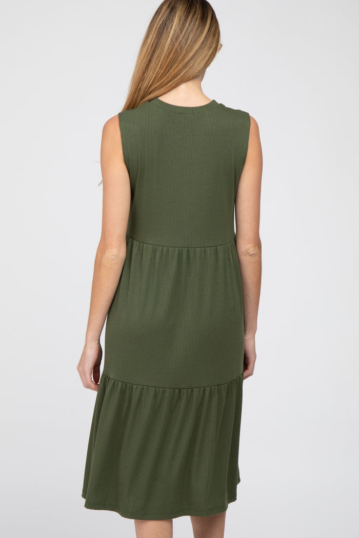 back view of a woman wearing an olive green sleeveless ribbed tiered midi dress