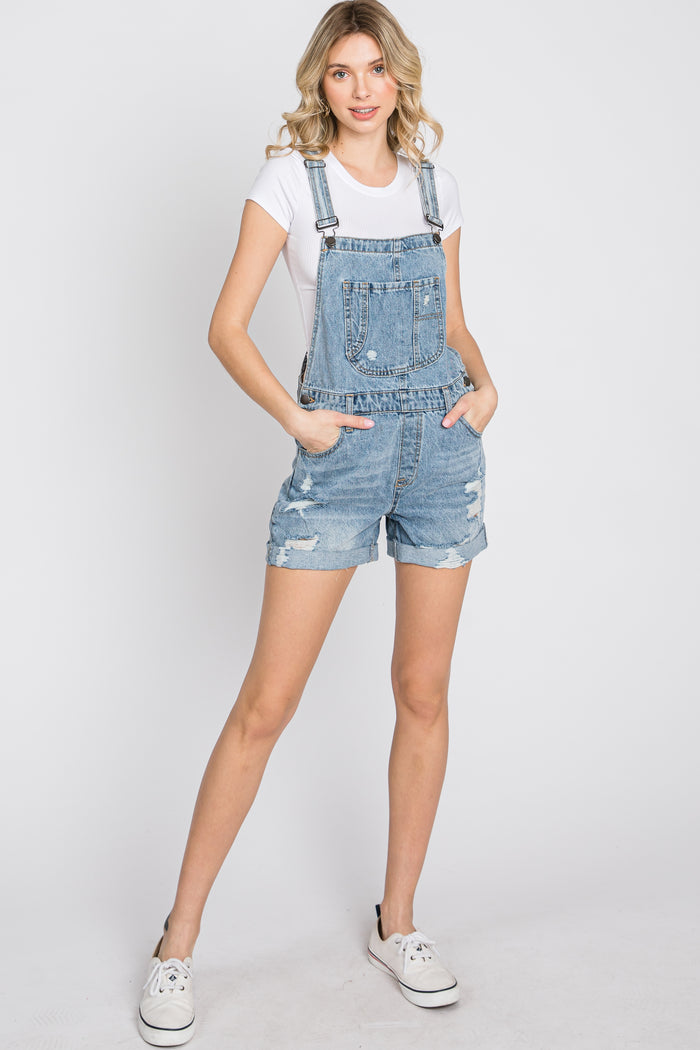 Blue Distressed Maternity Denim Short Overalls