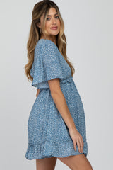 Blue Floral Ruffle Accent Cutout Maternity Dress