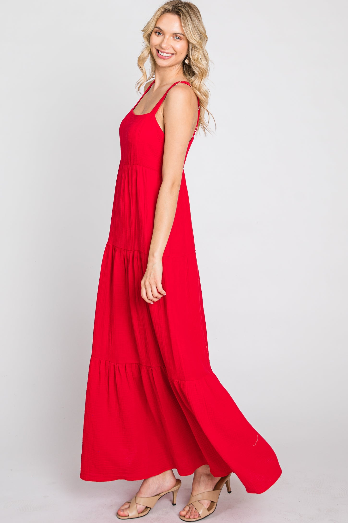 Red Sleeveless Ruffle Tiered Maxi Dress