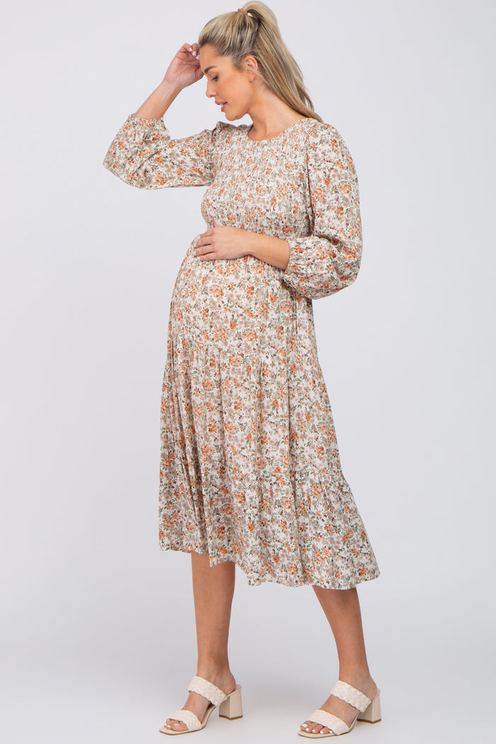 Cream Floral Smocked 3/4 Sleeve Maternity Midi Dress