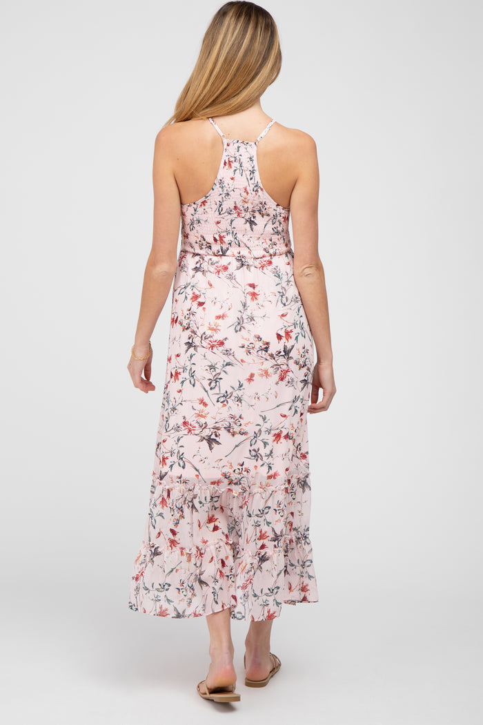 Pink Floral Chiffon Smocked Maternity Midi Dress