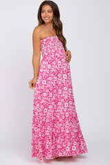 Magenta Floral Strapless Smocked Maternity Maxi Dress