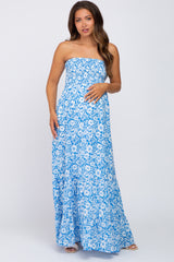 Blue Floral Strapless Smocked Maternity Maxi Dress