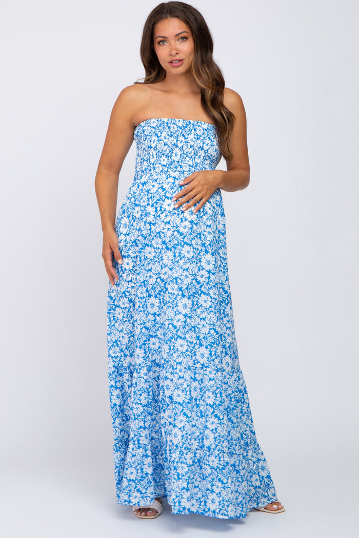 Blue Floral Strapless Smocked Maternity Maxi Dress