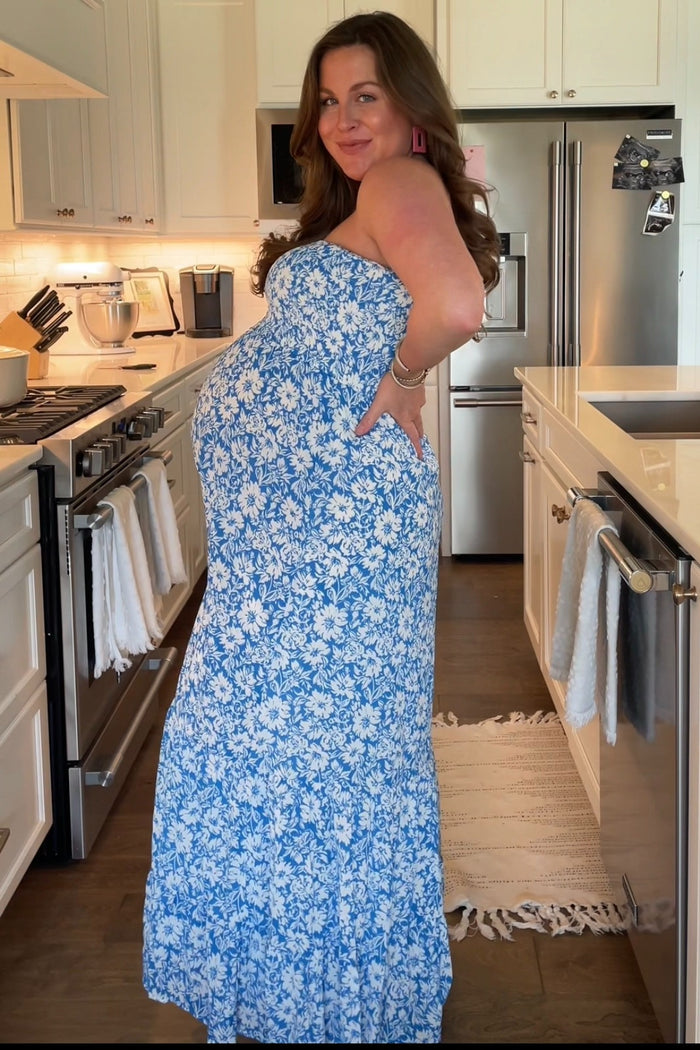 Blue Floral Strapless Smocked Maternity Maxi Dress