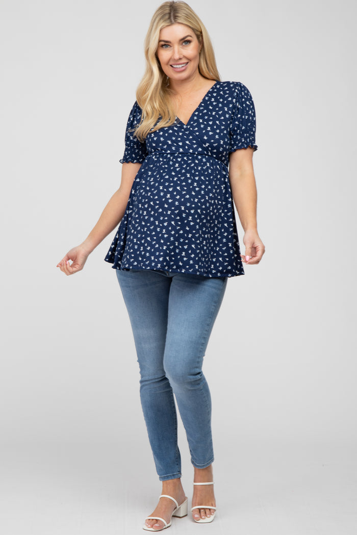Navy Ditsy Floral Smocked Sleeve Maternity Wrap Top