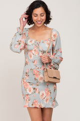 Mint Green Floral Sweetheart Neck Smocked Long Sleeve Maternity Dress