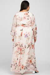 Cream Floral Chiffon Long Sleeve Pleated Maxi Dress