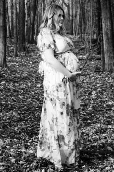 Pink Floral Chiffon Short Sleeve Side Slit Maternity Maxi Dress